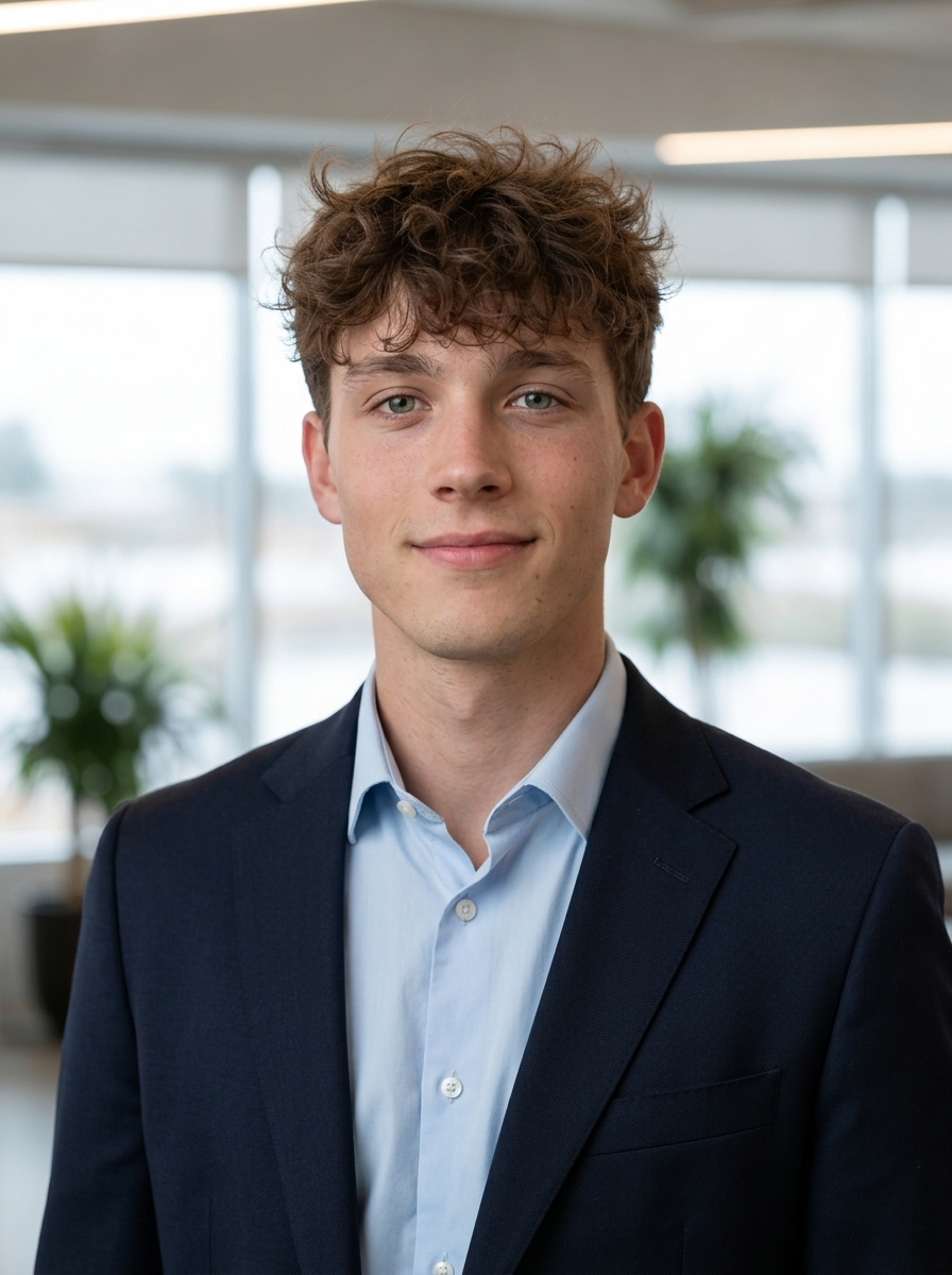 Executive-style AI headshot with a clean blue backdrop and refined styling.