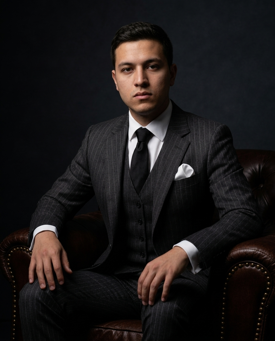 Dark editorial AI portrait with a premium executive mood.