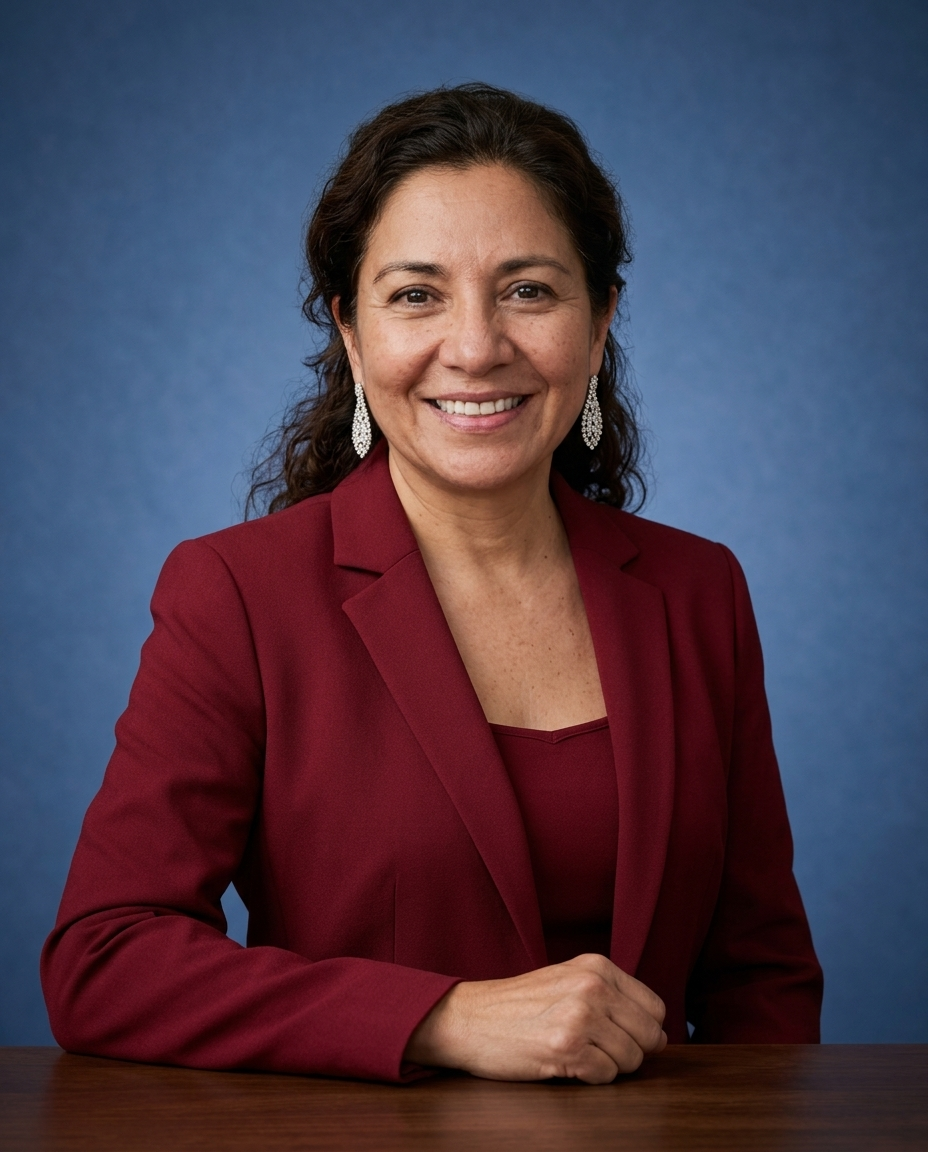 Professional AI portrait with warm office lighting and tailored styling.